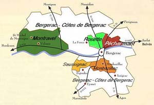 Kaart van de Bergerac wijnstreek met de appelations